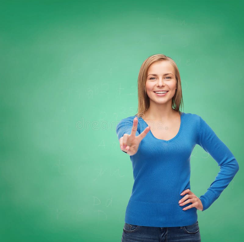 Teenager Girl Showing Victory Sign Chalkboard Background Stock Photos ...