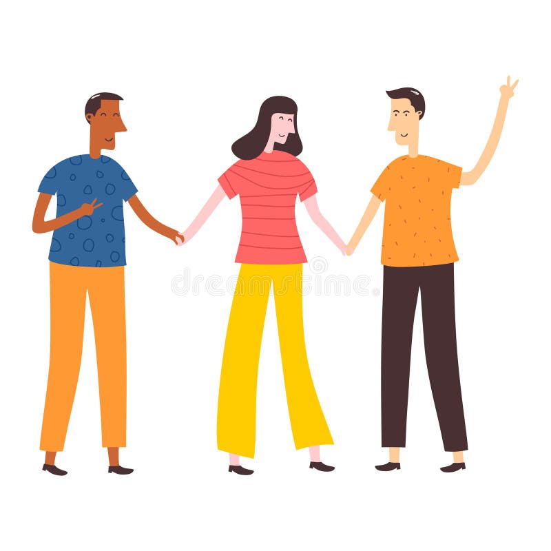 Smiling teenager two boys and a girl holding hands each other with happy expression. School friends standing together. Happy students isolated on white background. Flat cartoon vector illustration