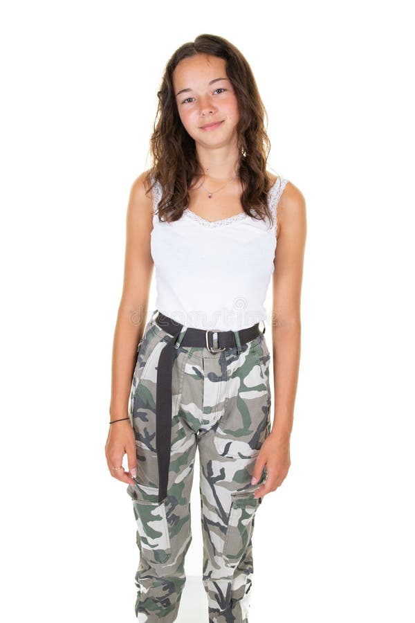 Smiling Teenager Woman Posing in Casual City Outfit Military Pants in White  Background Stock Photo - Image of model, people: 154891636