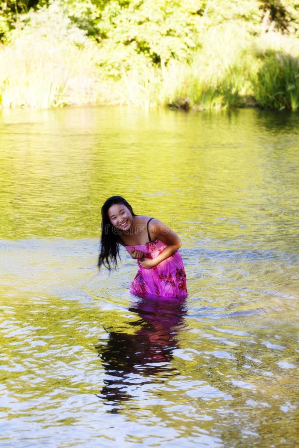 Smiling Wet Japanese Woman Wearing Dress In River Stock Image Image