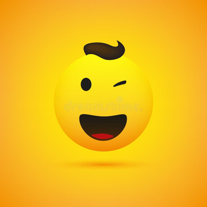 Smiling, Winking Emoji Simple Happy Emoticon on Yellow Background