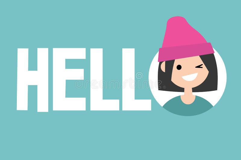 Smiling winking girl says Hello. Conceptual illustrated sign royalty free illustration Smiling winking girl says Hello. Conceptual illustrated sign royalty free illustration