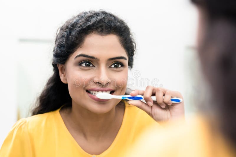 Woman Brushing Her Teeth with Toothbrush Stock Image - Image of mouth ...