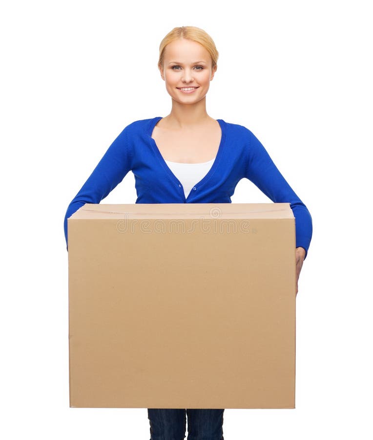 Smiling woman in casual clothes with parcel box stock photo