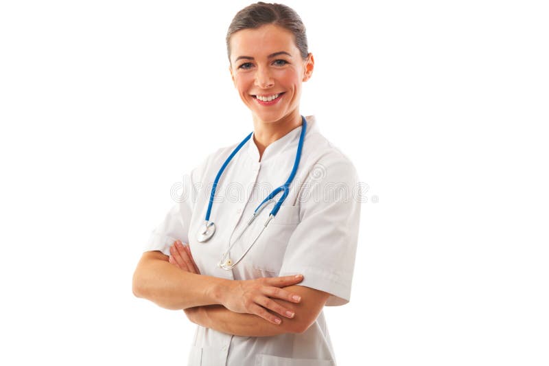 Smiling Woman doctor with arms crossed stands over white background