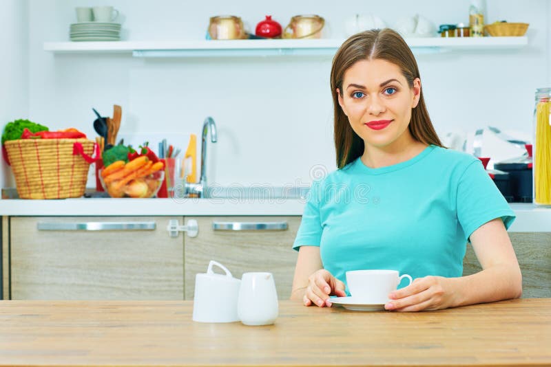Smiling Woman Drinking Coffee in Kitchen. Stock Image Image of fresh