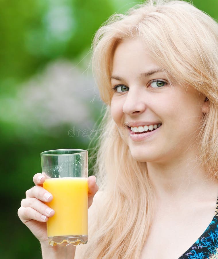 Smiling Woman Drinking Orange Juice Stock Image Image of closeup