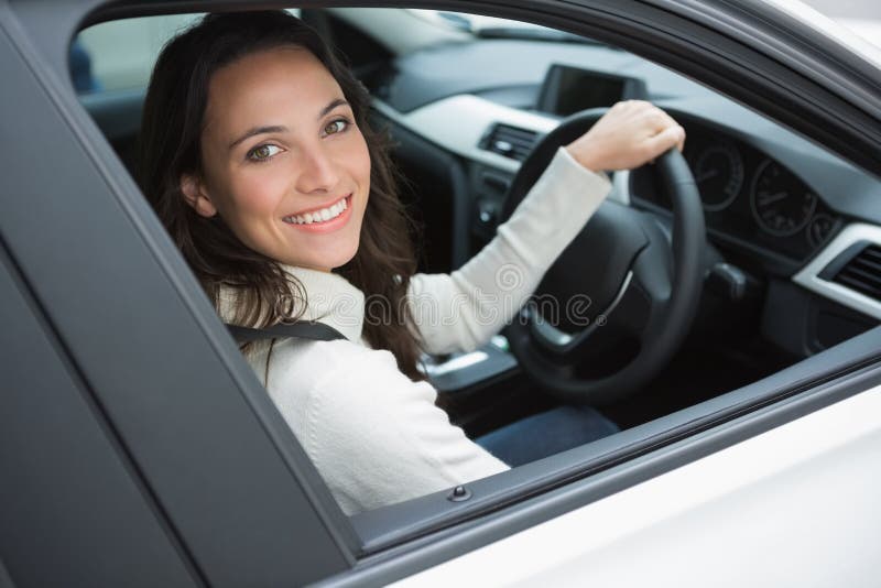 Smiling Woman in the Drivers Seat Stock Image Image of brown, road