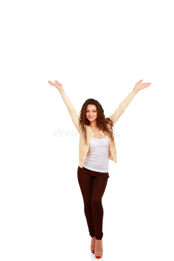 248 Excited Woman Hands Up Pose Stock Photos Free & RoyaltyFree
