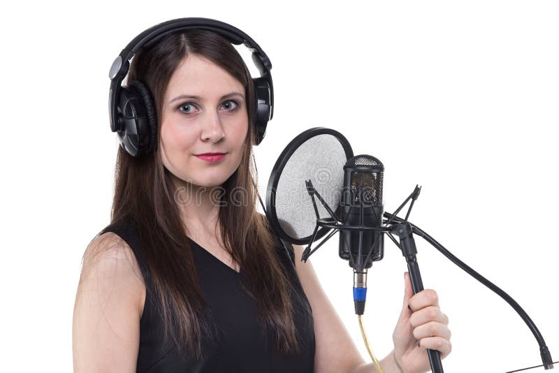 Smiling Woman in Headphones with Microphone Stock Photo Image of presentation, vocals 69267582