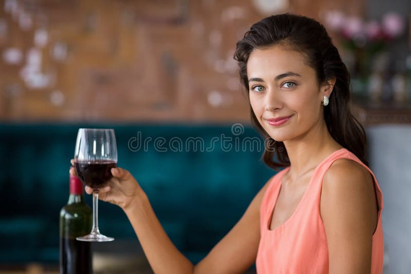 Smiling Woman Holding Glass of Red Wine Stock Image - Image of adult ...