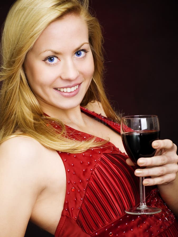 Smiling Woman Holding Wine and Celebrating Stock Photo Image of