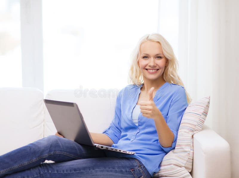 Smiling Woman with Laptop Computer at Home Stock Image - Image of ...