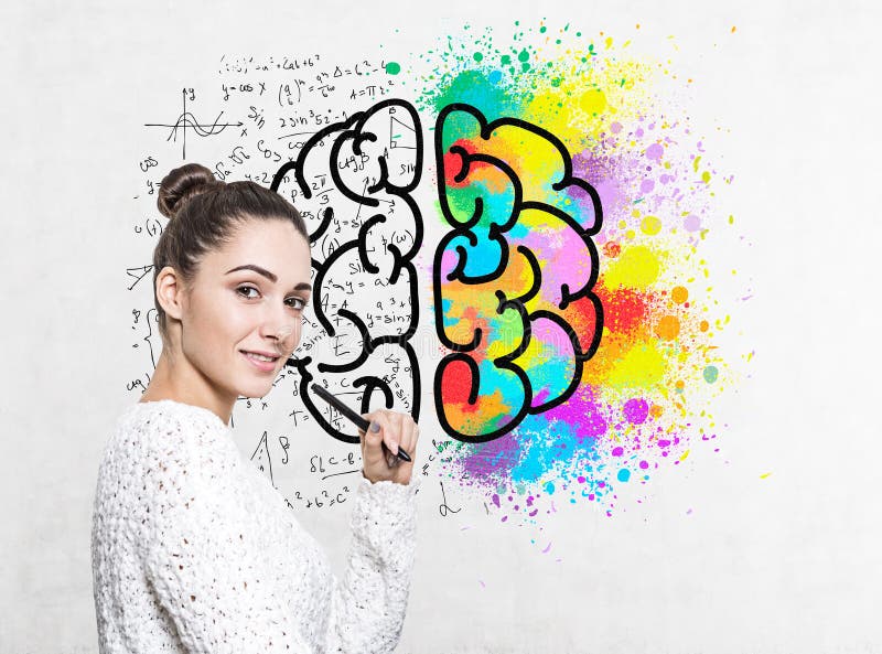 Smiling woman with marker, brain sketch stock illustration Smiling woman with marker, brain sketch stock illustration