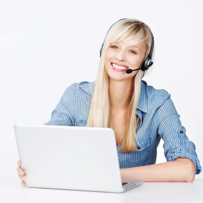 Smiling woman with a notebook and headset