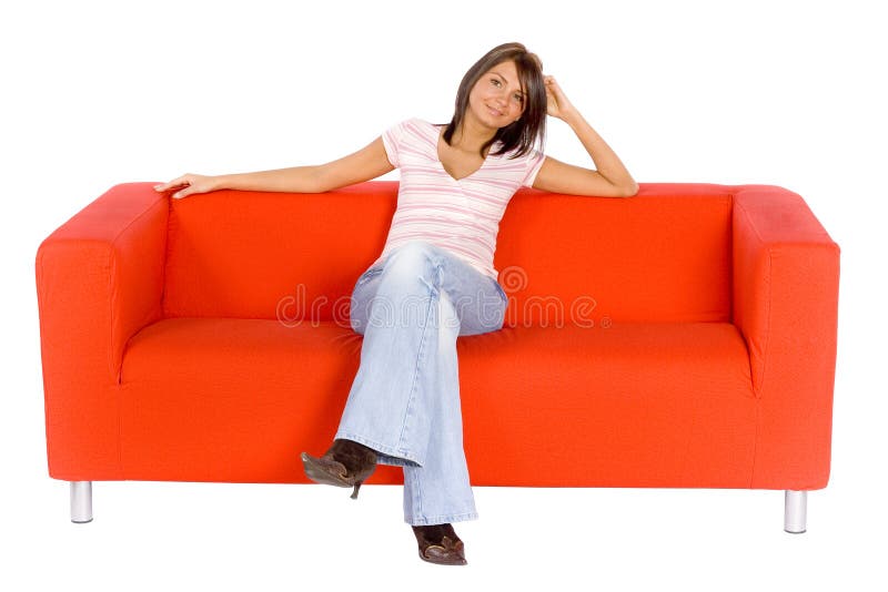 Smiling Woman On Orange Couch