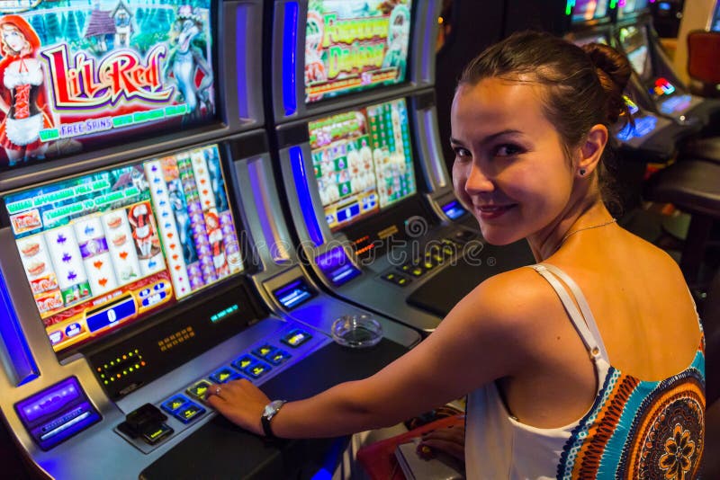 Smiling Woman Playing Slot Machines Editorial Stock Photo 