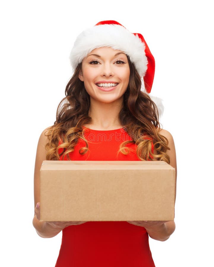 Smiling woman in santa helper hat with parcel box