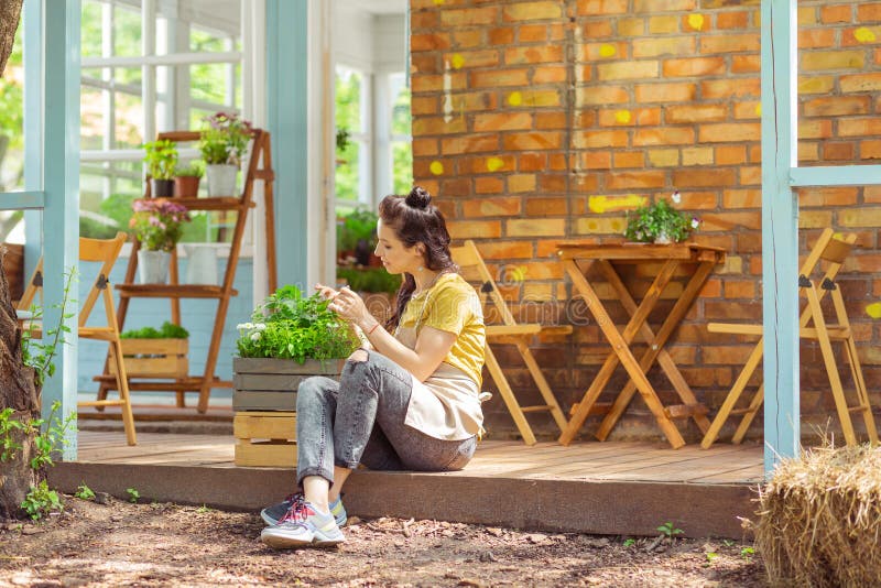 Smiling woman sitting near the planter on a terrace. stock image Smiling woman sitting near the planter on a terrace. stock image