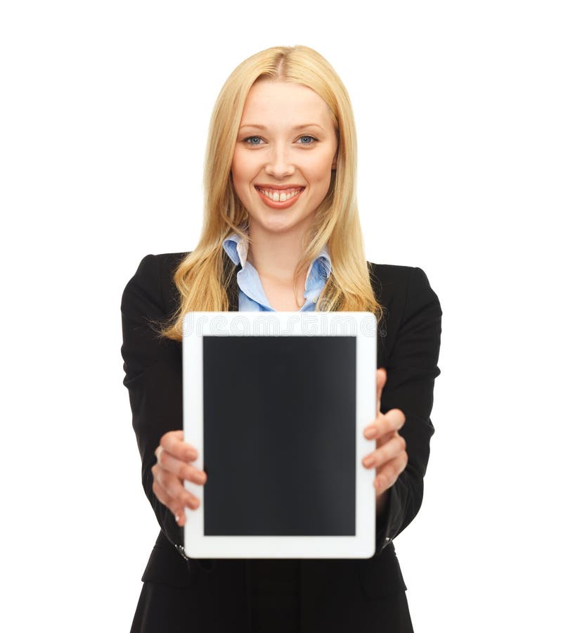 Smiling woman with tablet pc in office stock photography