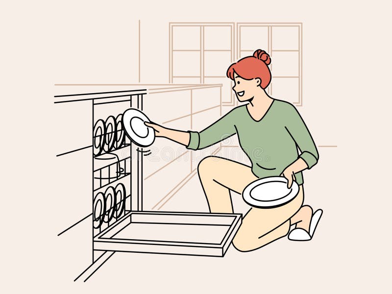 Smiling woman unloading dishwashing machine. Happy housewife put dirty plates into dishwasher at home kitchen. Household and chores concept. Vector illustration. Smiling woman unloading dishwashing machine. Happy housewife put dirty plates into dishwasher at home kitchen. Household and chores concept. Vector illustration.