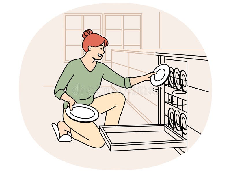 Smiling woman unloading dishwashing machine. Happy housewife put dirty plates into dishwasher at home kitchen. Household and chores concept. Vector illustration. Smiling woman unloading dishwashing machine. Happy housewife put dirty plates into dishwasher at home kitchen. Household and chores concept. Vector illustration.