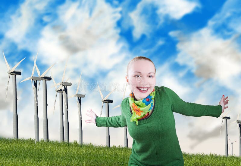 Smiling woman and wind turbines
