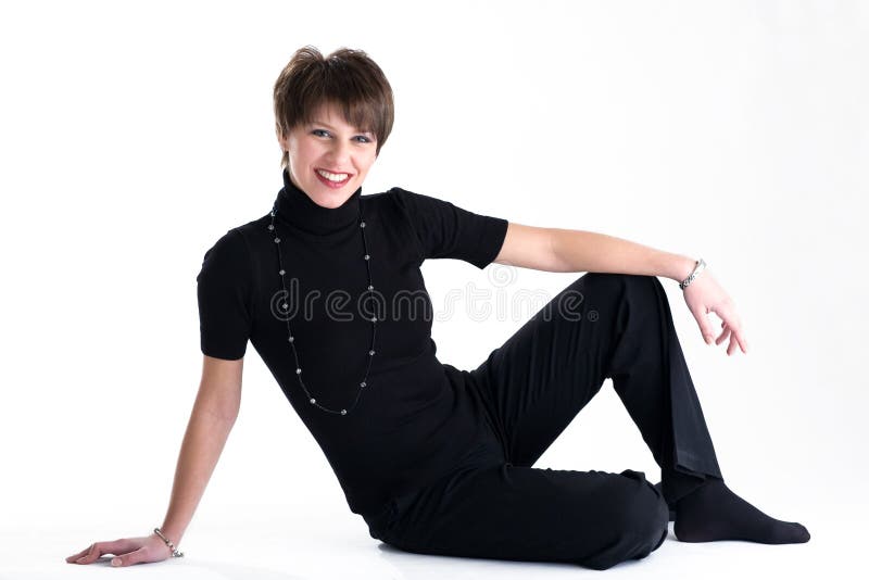 Smiling women in black costume