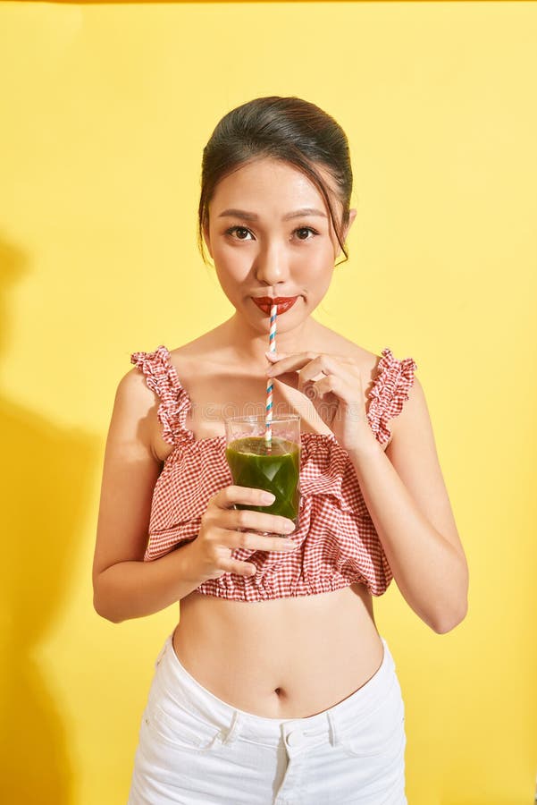 Smiling Young Asian Woman Drinking Green Fresh Vegetable Juice Or Smoothie From Glass Stock 