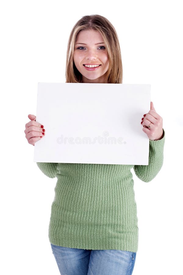 Smiling young beautiful girl holding white board