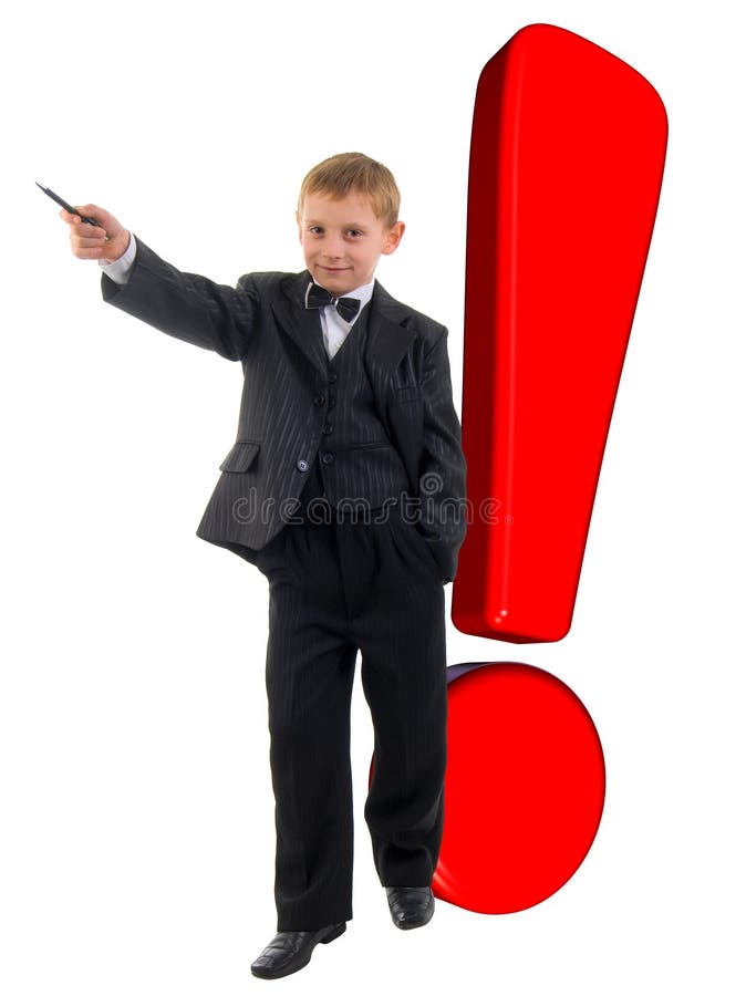 Smiling Young Boy and Red Exclamation Mark. Stock Photo Image of sign