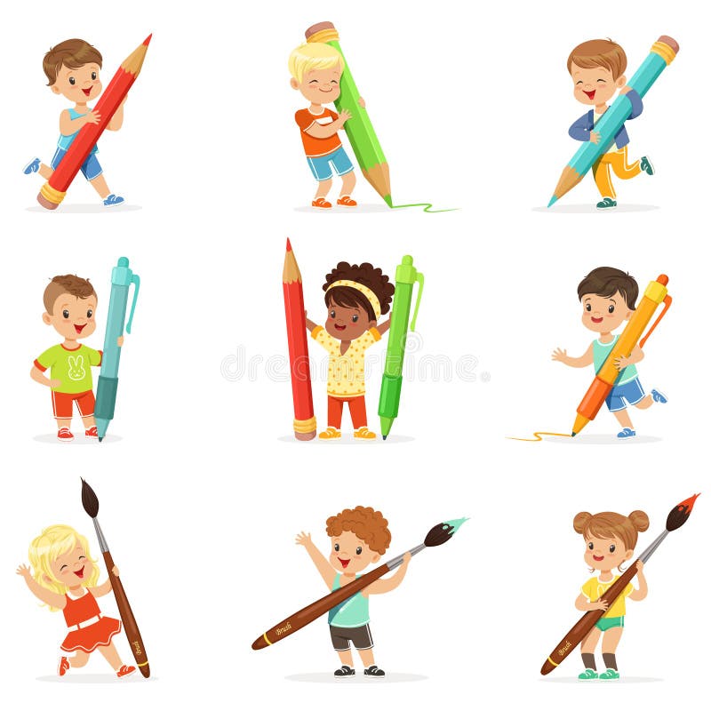 Smiling young boys and girls holding big pencils, pens and paintbrushes, set for label design. Cartoon detailed colorful royalty free illustration Smiling young boys and girls holding big pencils, pens and paintbrushes, set for label design. Cartoon detailed colorful royalty free illustration
