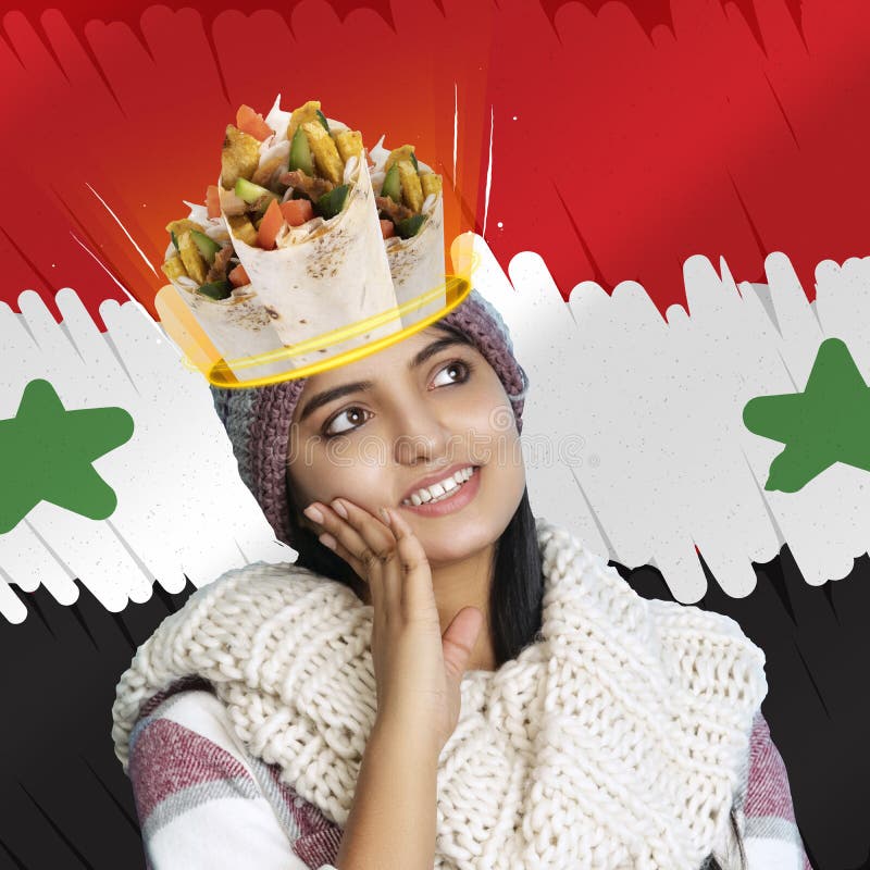 Smiling young girl with delicious doner donair kebab in her head, dreams isolated on flag background. Contamporary art royalty free stock photography