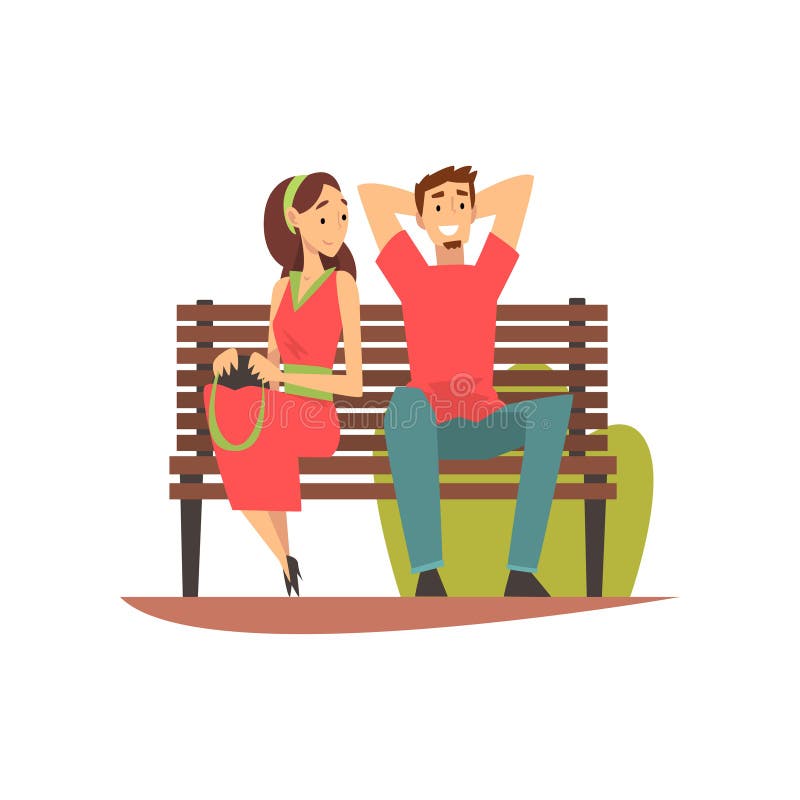 Smiling Young Man and Woman Sitting on Bench in Park, Romantic Couple on Date Vector Illustration Stock Vector - Illustration of romantic, date: 149557940