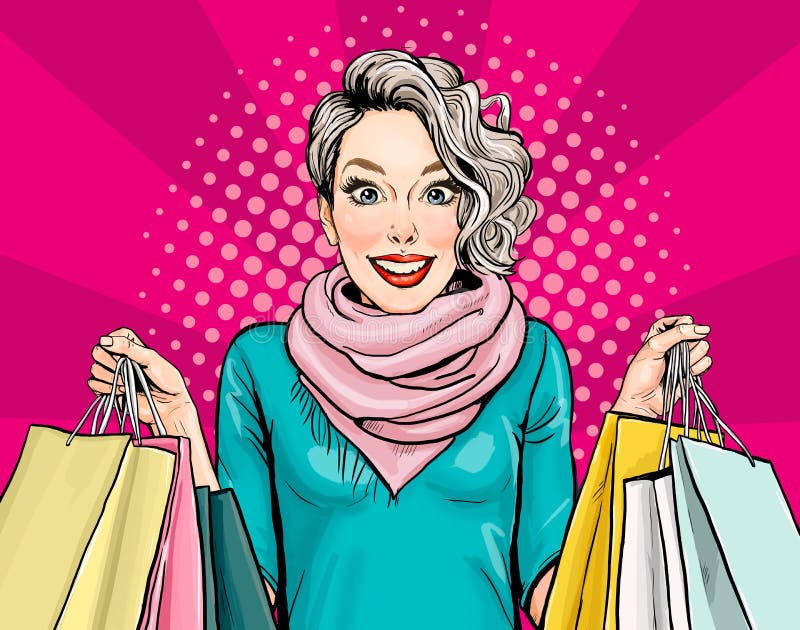 Smiling  young sexy woman with shopping  bags in comic style.  Pop Art  wow girl. Advertising poster of sale or discount