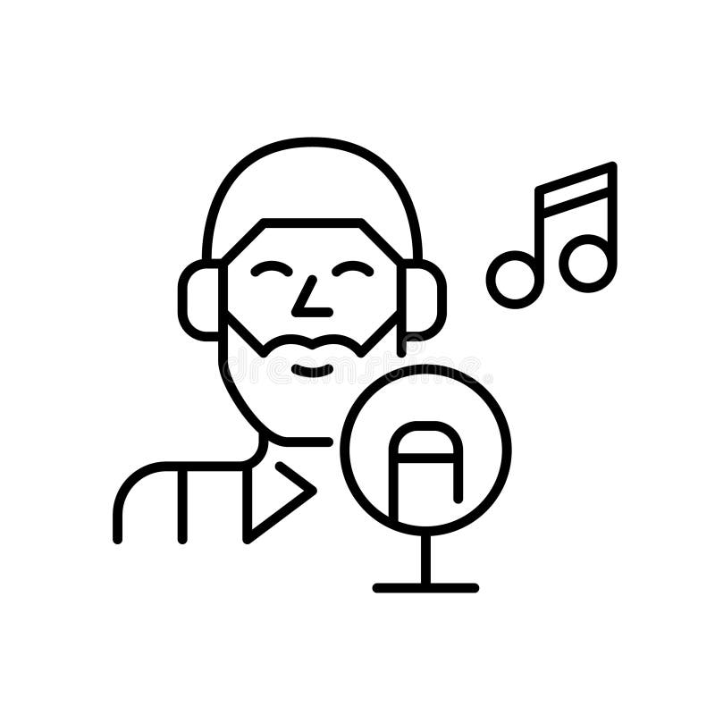 Smiling young wearing headphones man recording music at sound studio. Creating song, podcast content. Pixel perfect icon royalty free illustration Smiling young wearing headphones man recording music at sound studio. Creating song, podcast content. Pixel perfect icon royalty free illustration