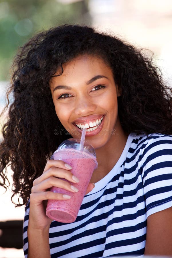 Smiling Young Woman Drinking Smoothie Outside Stock Image Image Of Fresh Female 109423303 
