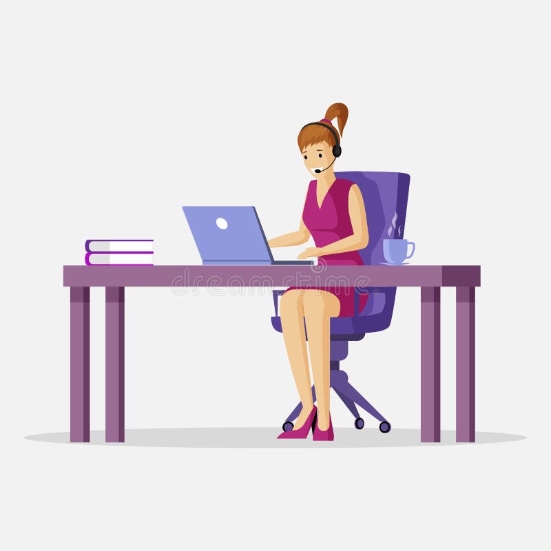 Woman working at laptop vector flat illustration. Support, freelance, virtual office cartoon concept. stock illustration