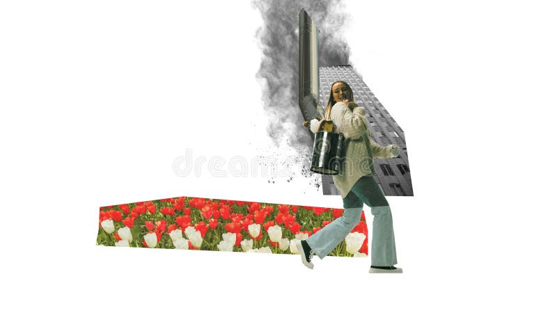 Smiling young woman walking with garbage over industrial pollution and factories. Dreaming about clean nature. Contemporary art collage. Concept of ecology, environment, problem, awareness