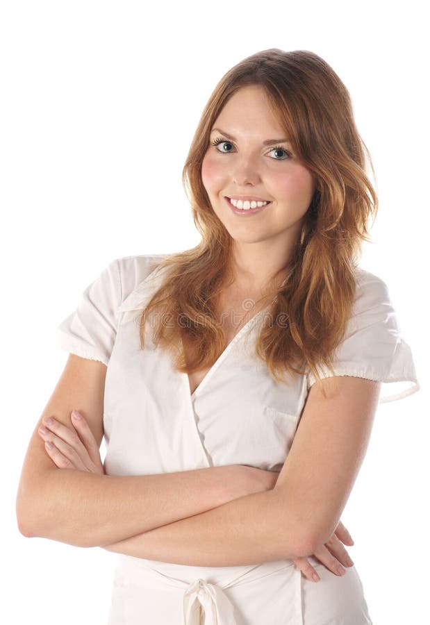 Smiling young woman on white background