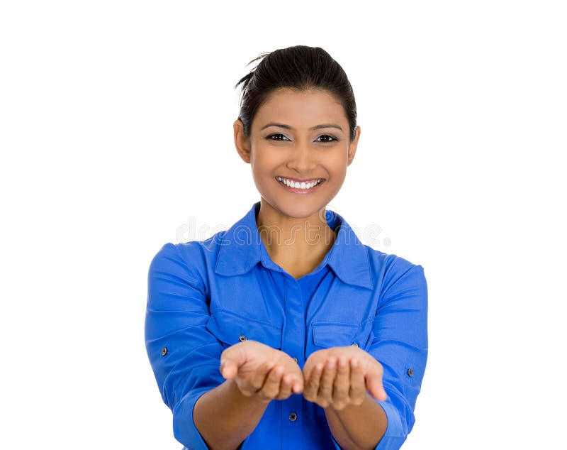 Closeup portrait of a young beautiful smiling, happy excited woman with raised up palms arms at you offering something, isolated over white background. Positive emotion facial expression signs symbols. Closeup portrait of a young beautiful smiling, happy excited woman with raised up palms arms at you offering something, isolated over white background. Positive emotion facial expression signs symbols