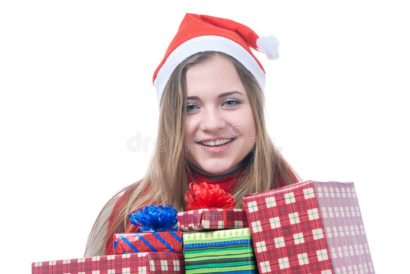 Smilling wooman with giftboxes royalty free stock images Smilling wooman with giftboxes royalty free stock images
