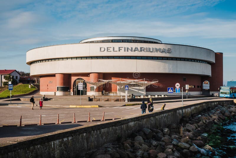 SMILTYNE, LITHUANIA - November 24, 2019: Building named Delfinariumas. It is the part of marine museum. It is aquarium for the