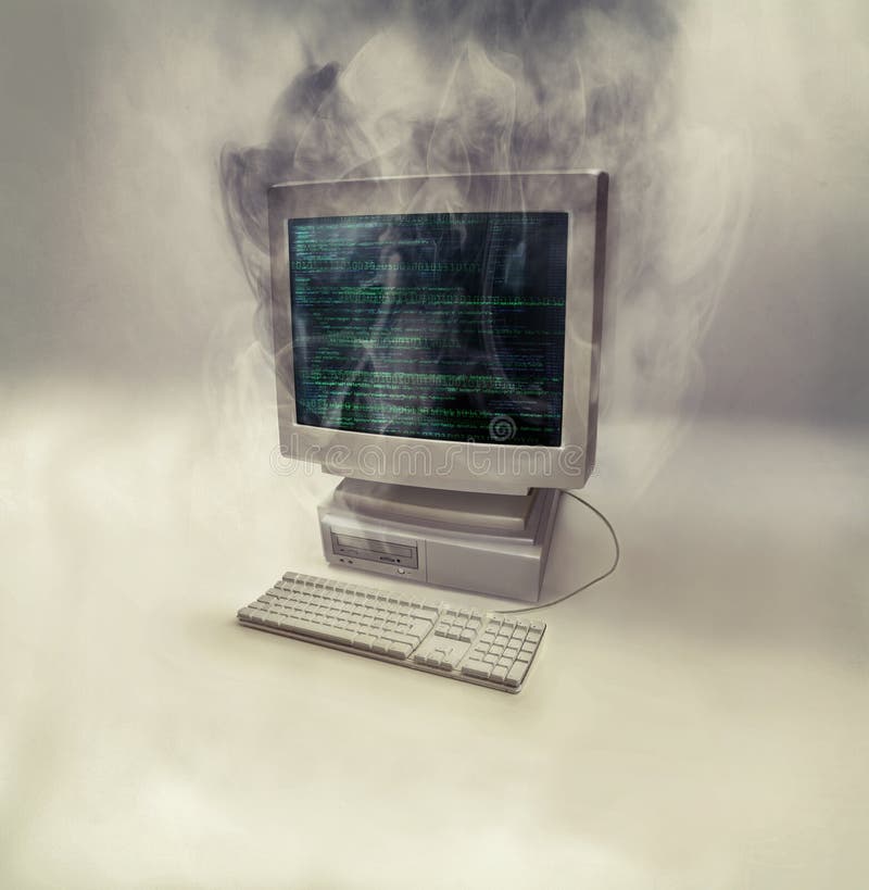 Smoke, computer problem and monitor with desktop and error screen with explosion. Isolated, white background and royalty free stock photo