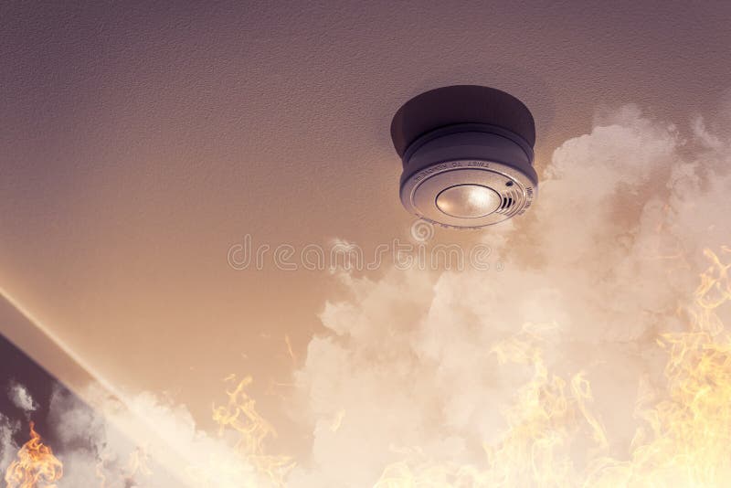 Smoke detector on ceiling detecting house fire