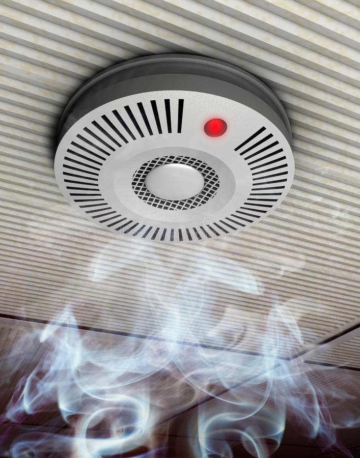 Ilustrácia dymu a ohňa detektor v stúpa dym v šedej strop.