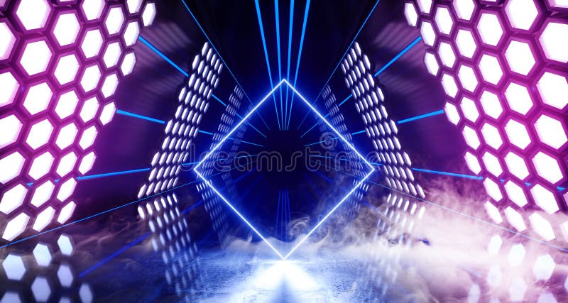 Smoke Hexagon Lights Neon Led Laser Glowing Purple Blue White Vibrant Virtual Reality Triangle Shaped Tunnel Sci Fi Futuristic vector illustration