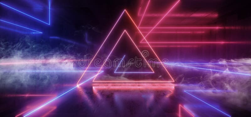 Smoke Neon Futuristic Lights Glowing Triangle Sci Fi Retro Abstract Shaped Lasers Purple Blue Vibrant Column Concrete Grunge royalty free illustration