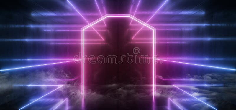 Smoke Neon Futuristic Lights Glowing Triangle Sci Fi Retro Abstract Shaped Lasers Purple Blue Vibrant Column Concrete Grunge stock illustration