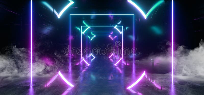 Smoke Neon Glowing Purple Blue Laser Beam Sci Fi Future Modern Portal Gate Virtual Cyber Vibrant Rectangle Abstract Shaped Tunnel stock illustration